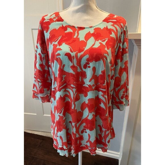 Soft Surroundings Tops - SOFT SURROUNDINGS Blouse Top M Blue Red Orange Floral Cotton Gauze Coastal
